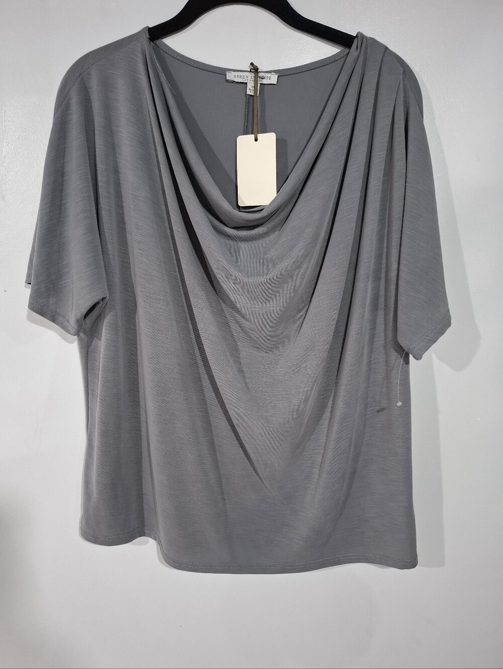 Green Envelope Gray Draped Cowl Neck Short Sleeve Top